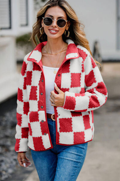 Elegant Checkered Snap Down Long Sleeve Teddy Jacket Soft & Warm Colorful Jacket