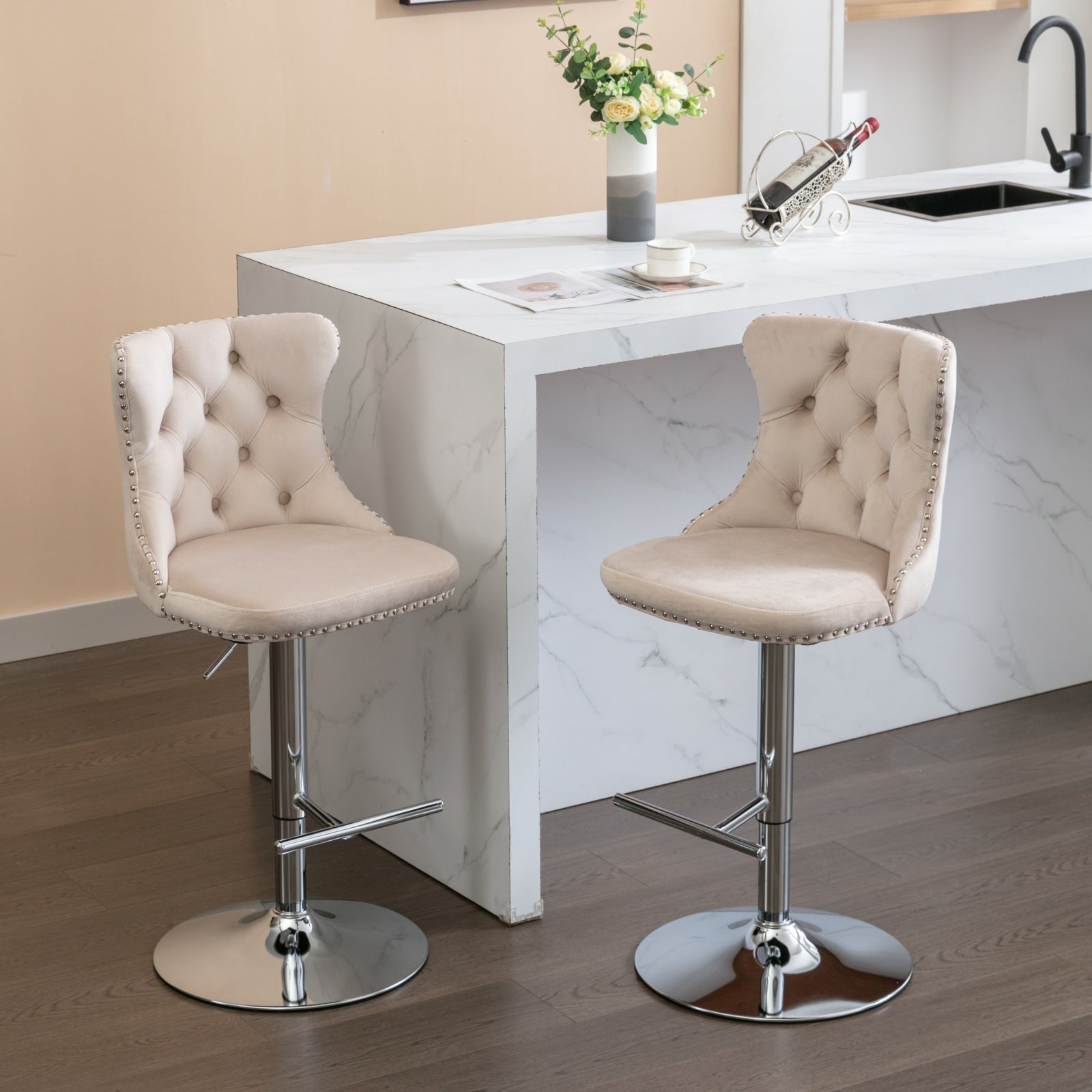 Modern Velvet Swivel Barstools with Adjustable Seat Height and Chrome Base