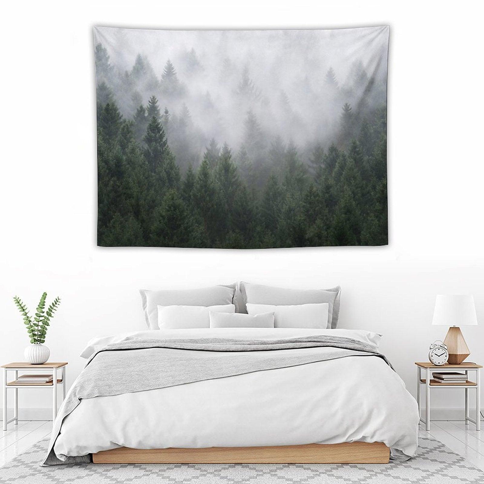 Home Is A Feeling   Misty Retro Fall Wilderness Fairytale Evergreen Forest With Trees Covered In Magic Fog Season Tapestry