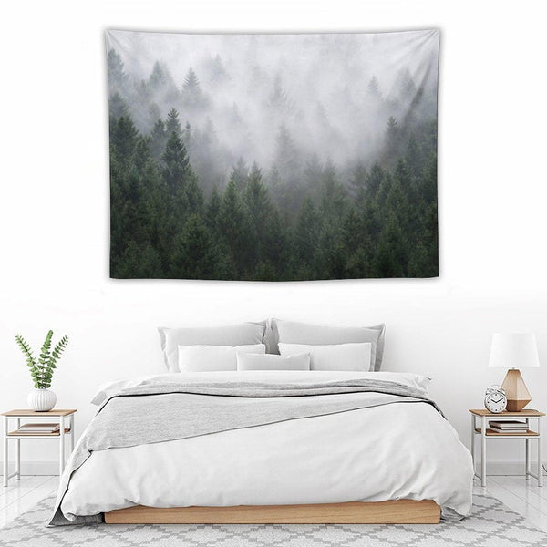 Home Is A Feeling   Misty Retro Fall Wilderness Fairytale Evergreen Forest With Trees Covered In Magic Fog Season Tapestry
