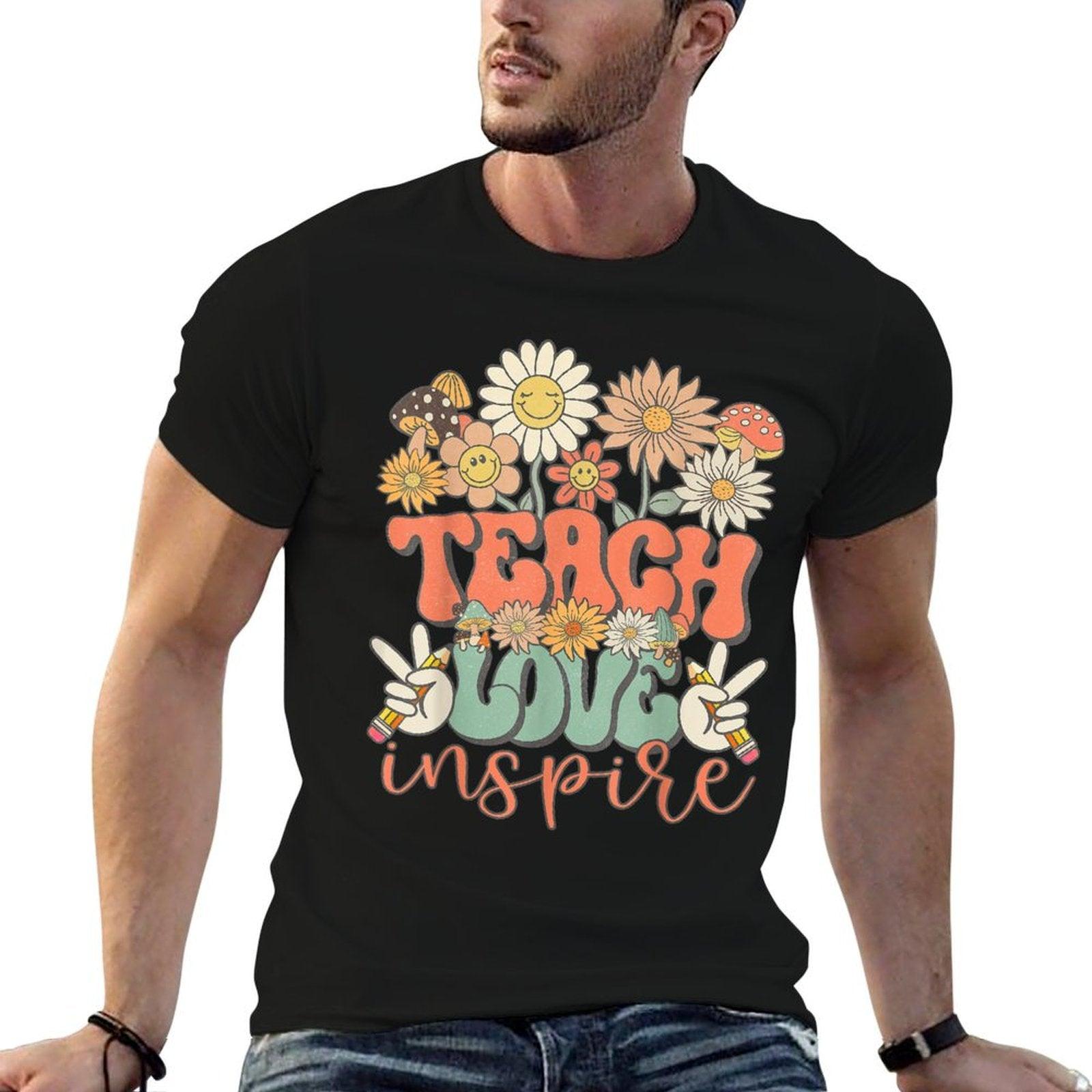 Teach Love Inspire Retro Groovy Daisy Back To School Teacher T-Shirt