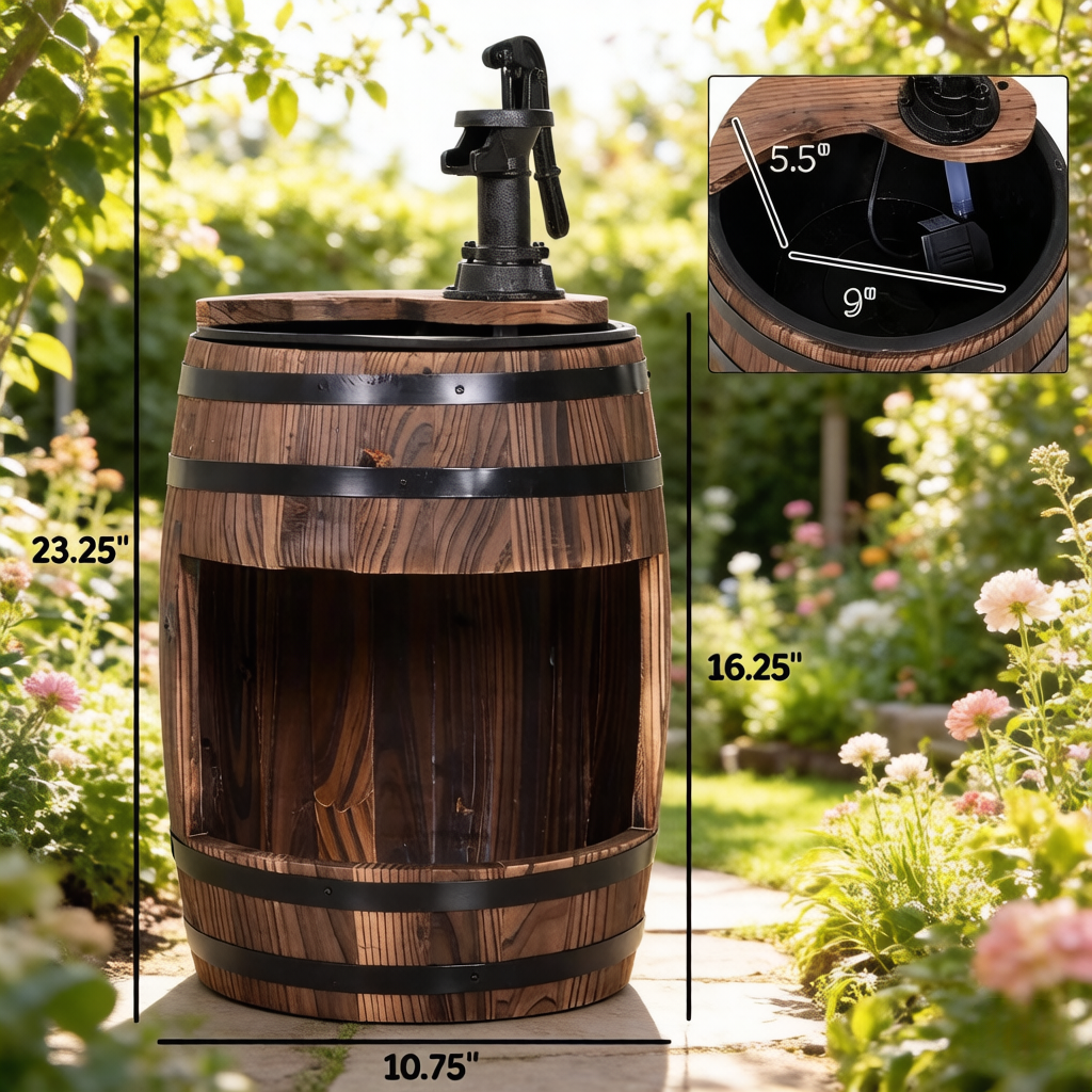 Wood and Iron Barrel Pump Fountain Planter 23 Inch