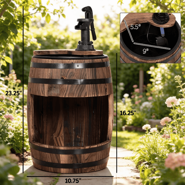 Wood and Iron Barrel Pump Fountain Planter 23 Inch