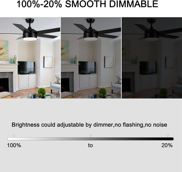 52 Inch Black Ceiling Fan With Dimmable 3 Color LED Lights And Remote