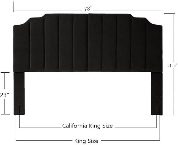 24KF Black Velvet Tufted King Upholstered Headboard, Modern Vertical Channel Design California King Headboard with Stepped Silhouette Top Edge,Black