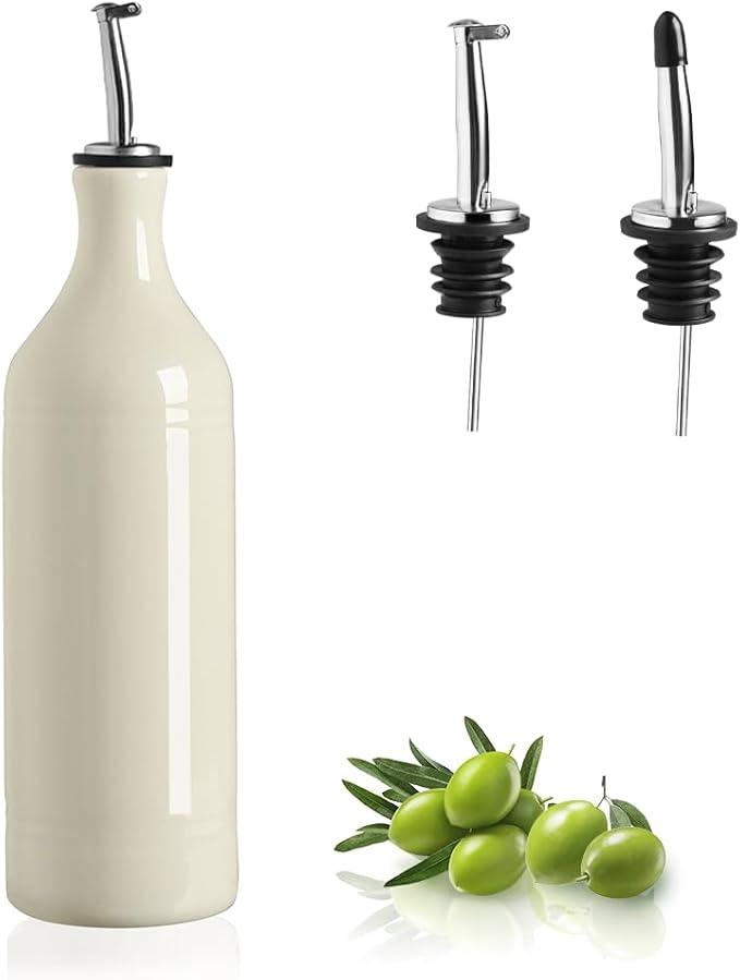 Sweejar Large Ceramic Olive Oil Dispenser Bottle, Opaque Oil Cruet Protects Oil to Reduce Oxidation, Storage Oil, Vinegar, Soy Sauce & Other Liquids, Pack of 1, 24 Fl Oz (Beige)