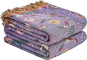 Boho Throw Blanket for Bed,100% Ultra Cotton Soft Breathable Bed Throw Floral Printed Farmhouse Decor Rustic Bed Throws for Couch Sofa Quilt Purple Flowers 60