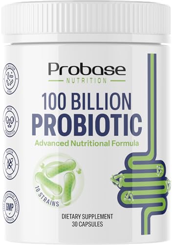 Probase Nutrition Probiotic, 100 Billion CFU, 10 Strains with Prebiotics, 30 Veggie Capsules, Gluten Free for Men and Women, 30-Day Supply