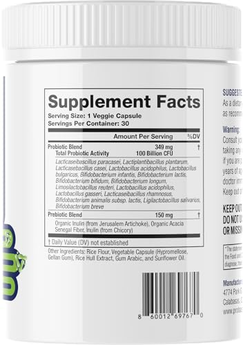 Probase Nutrition Probiotic, 100 Billion CFU, 10 Strains with Prebiotics, 30 Veggie Capsules, Gluten Free for Men and Women, 30-Day Supply