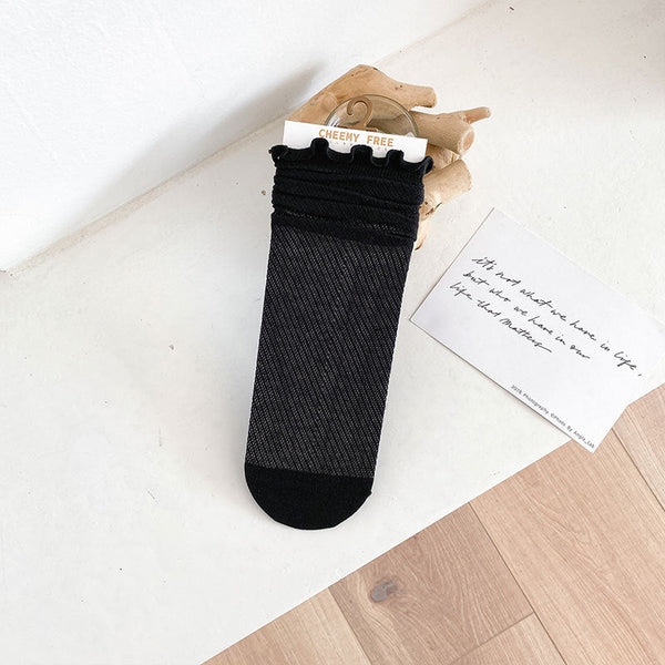 1 pair of socks for women summer thin black middle tube socks Japanese lace ballet style socks mesh breathable pile socks - Gifts for You 'n Me