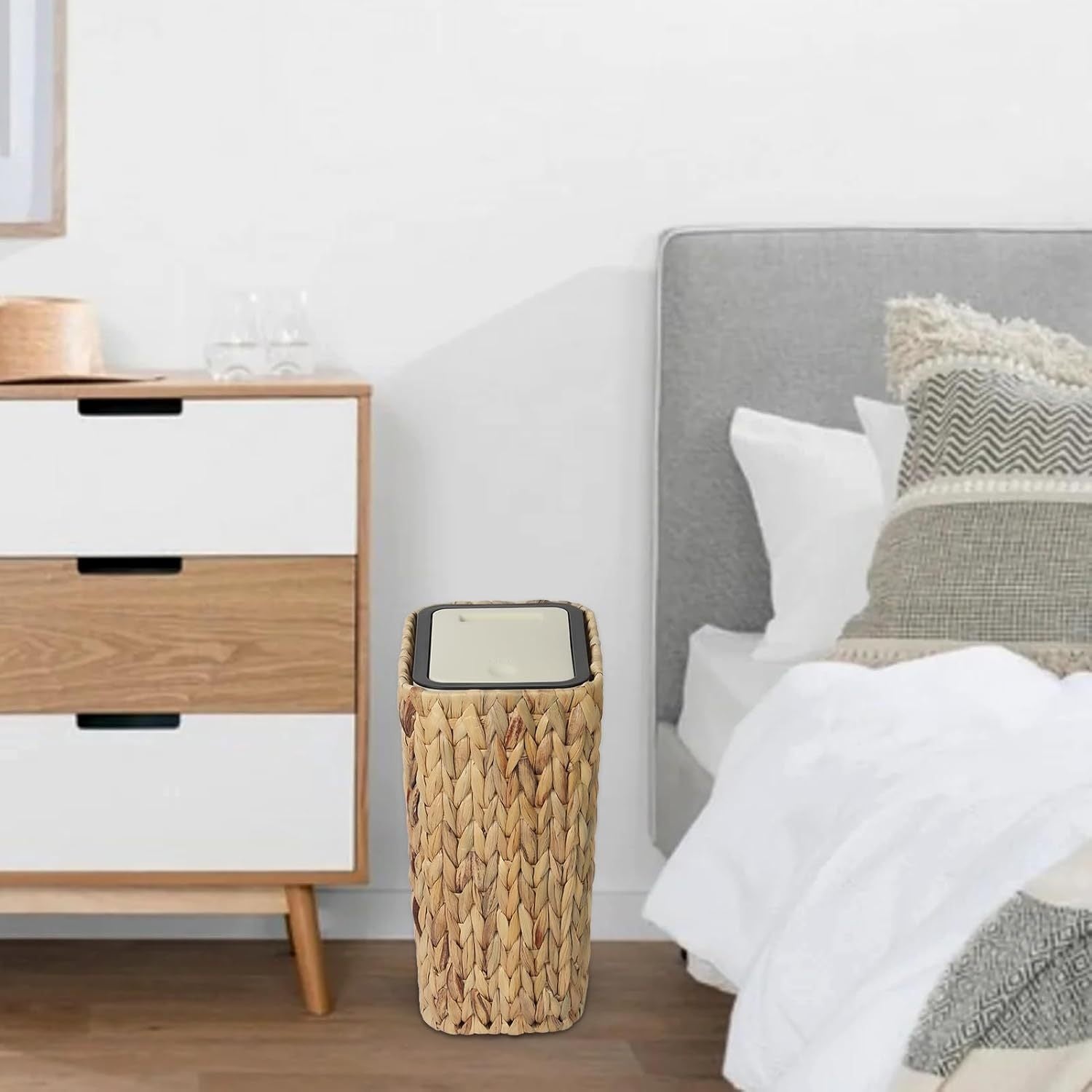 Boho Rattan Woven Trash Can with Press Top Lid, Wicker Wastebasket and Hamper