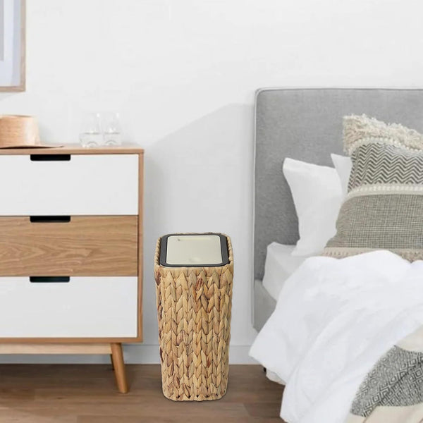 Boho Rattan Woven Trash Can with Press Top Lid, Wicker Wastebasket and Hamper