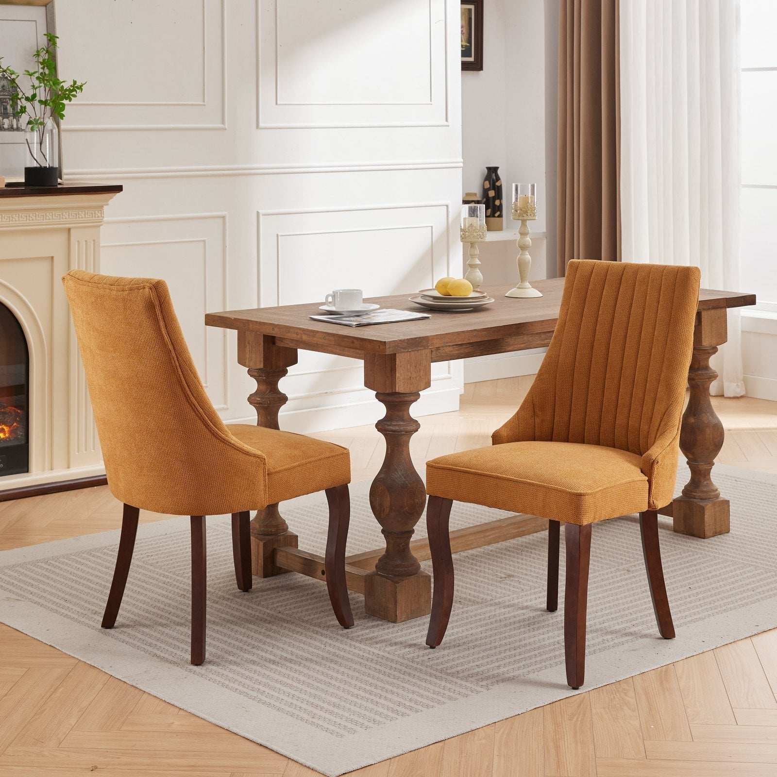 Side view of the Set of 2 Rayon Cloth Flocking Linen Dining Chairs at a wooden dining table in a modern home setting.