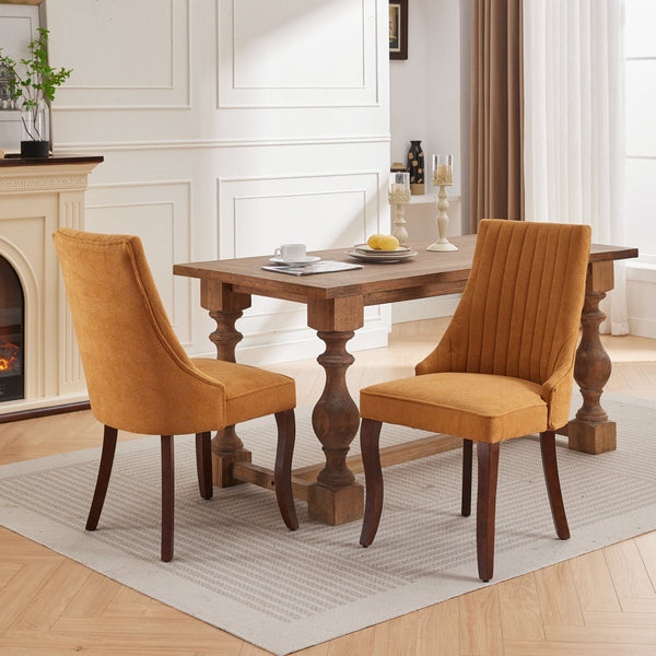 Side view of the Set of 2 Rayon Cloth Flocking Linen Dining Chairs at a wooden dining table in a modern home setting.