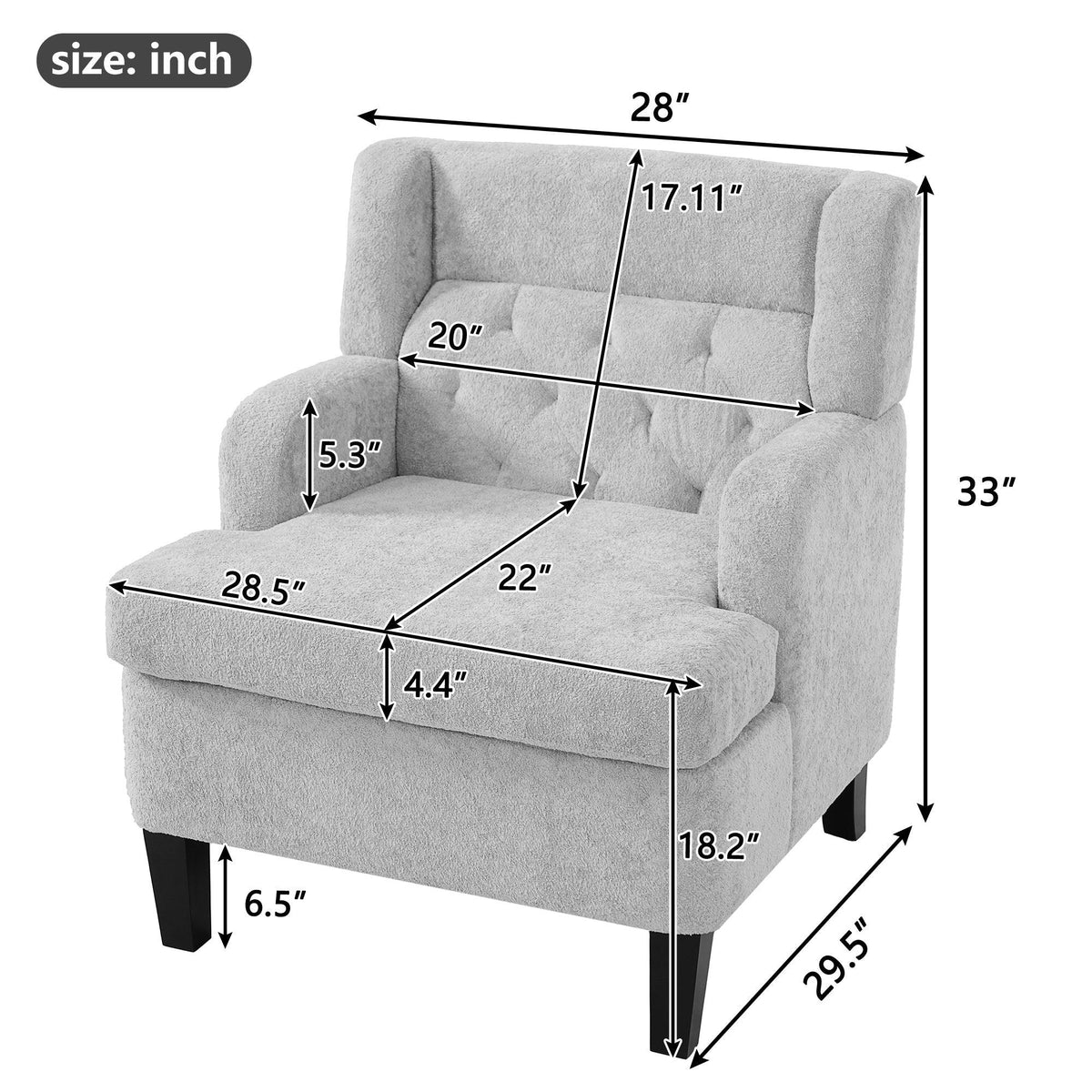 Modern Light Grey Tufted Accent Chair with Plush Upholstery & Wood Legs