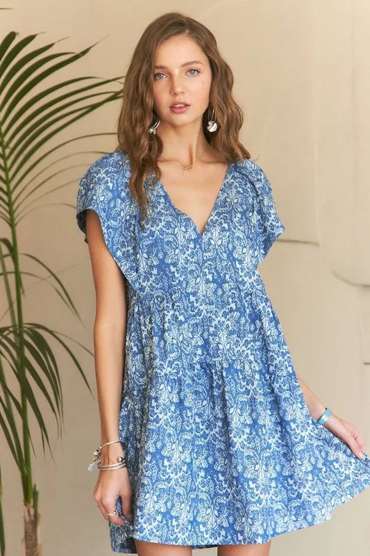 New Summer Printed V-Neck Ruffle Sleeve Mini Dress For Summer – Feminine Floral Print Dress, Stylish, Fashionable, Flirty & Fun