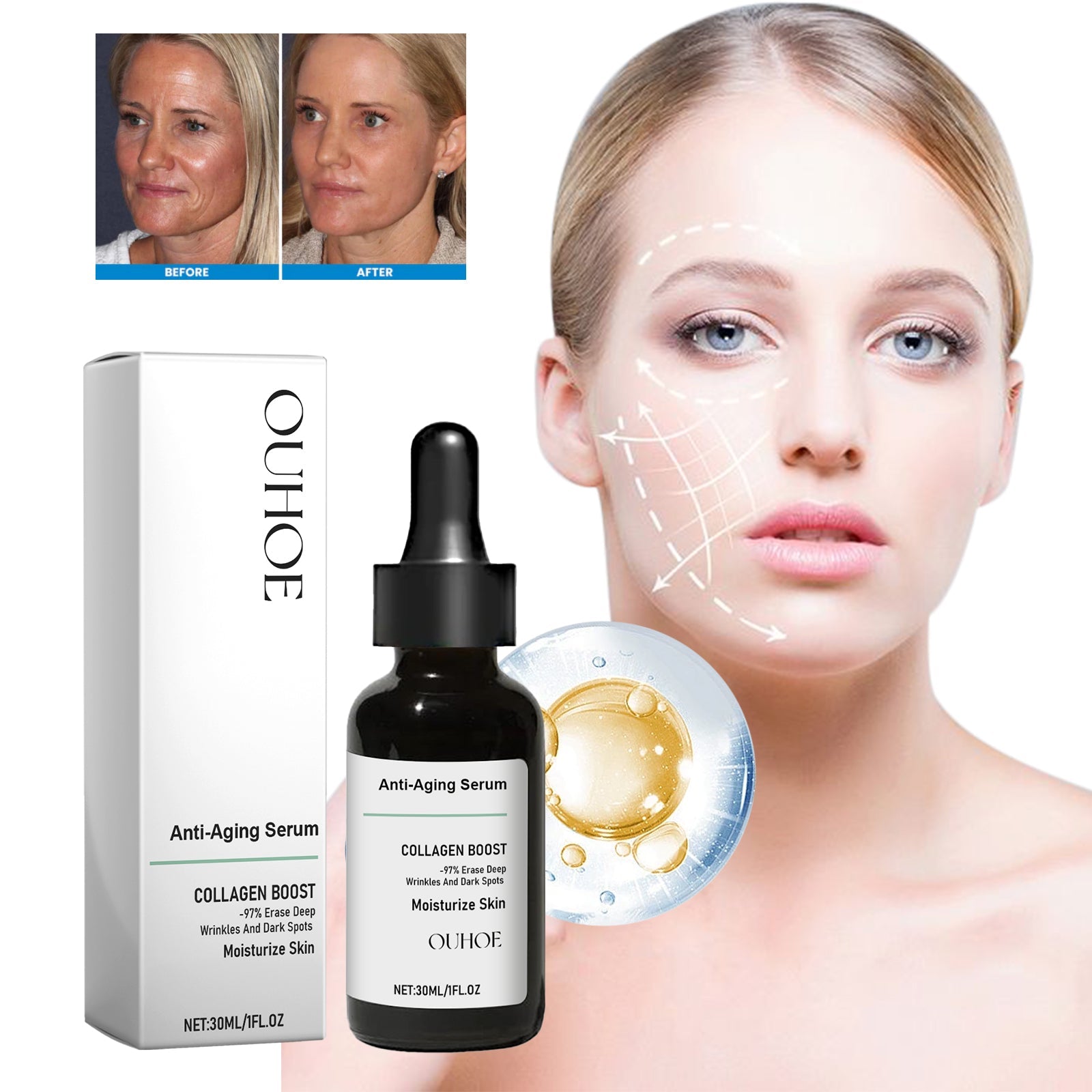 Ouhoe Collagen Anti-Wrinkle Facial Essence Reduces Fine Lines, Moisturizes, Tightens, And Moisturizes Skin
