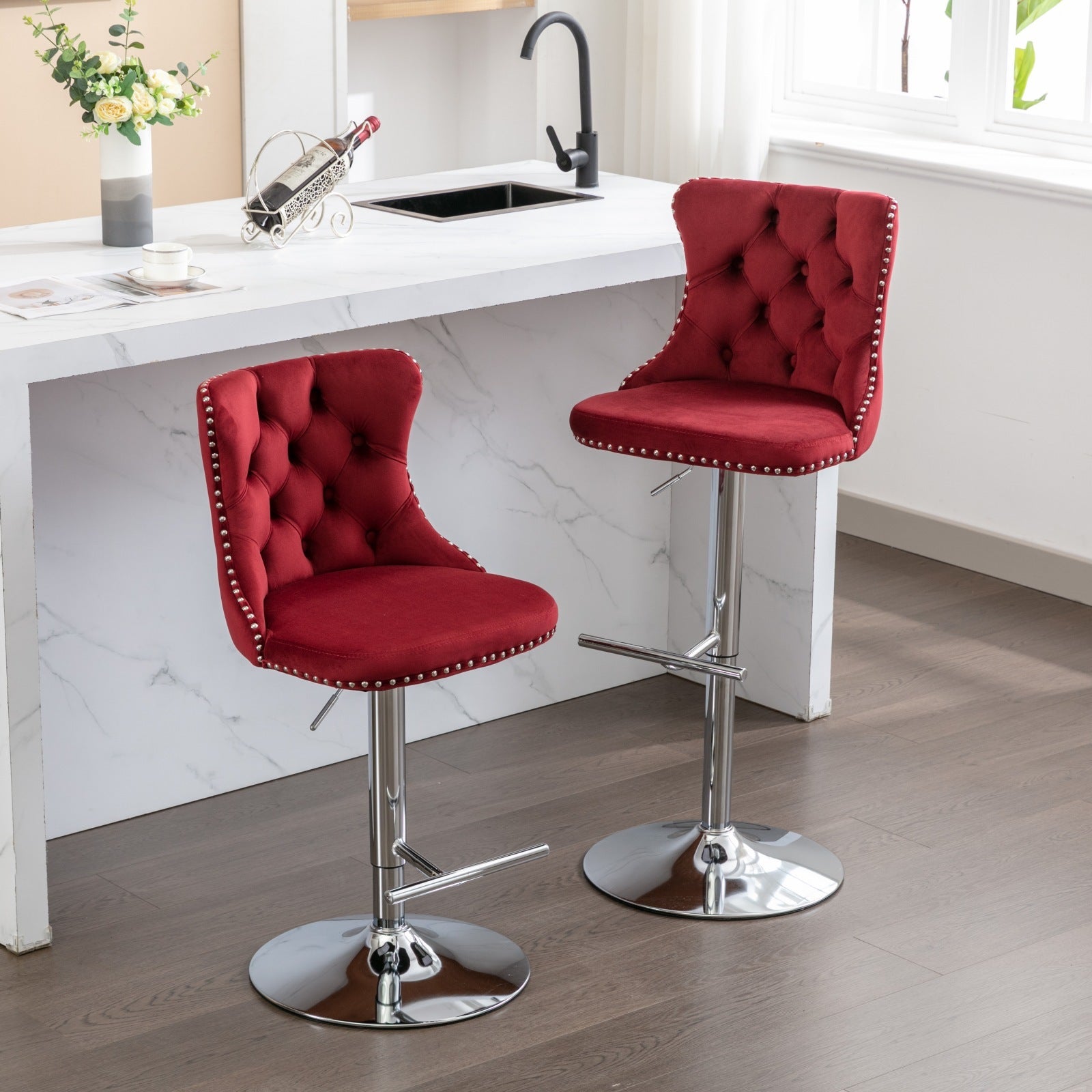 Modern Velvet Swivel Barstools with Adjustable Seat Height and Chrome Base