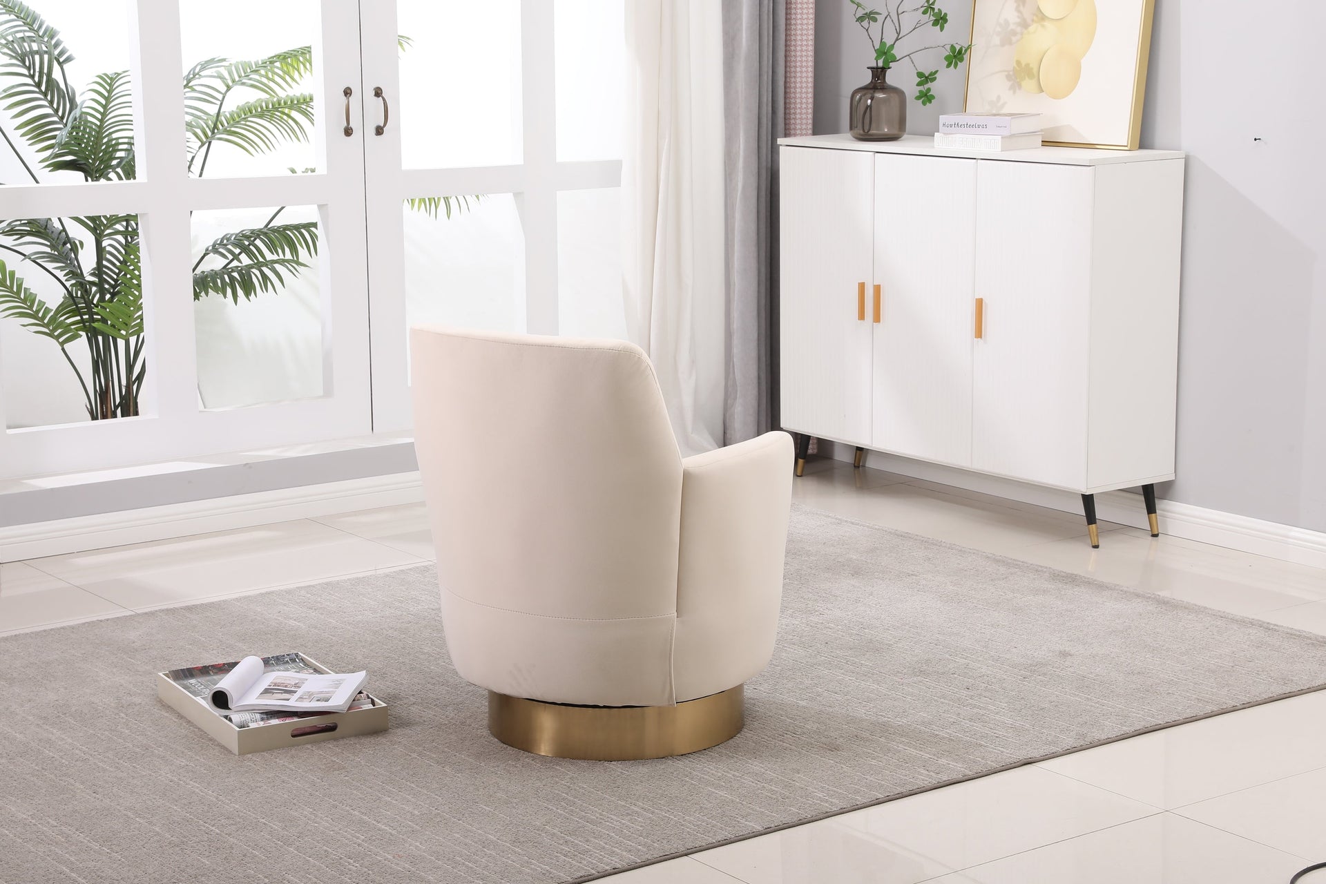 Beige Orange Velvet Swivel Barrel Chair