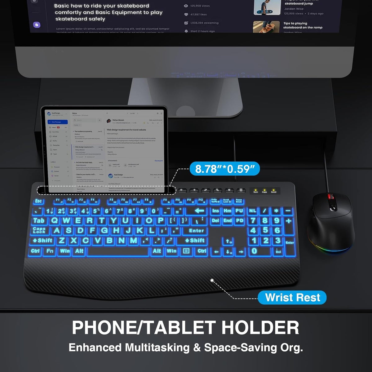 Wired Keyboard Mouse Combo – Large Print Backlit with Ergonomic Wrist Rest & 6-DPI RGB Mouse