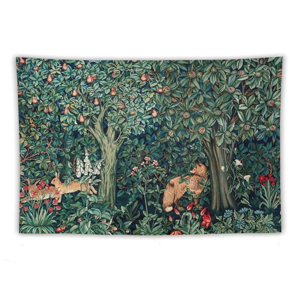 GREENERY, FOREST ANIMALS Fox And Hares Blue Green Floral Tapestry Tapestry