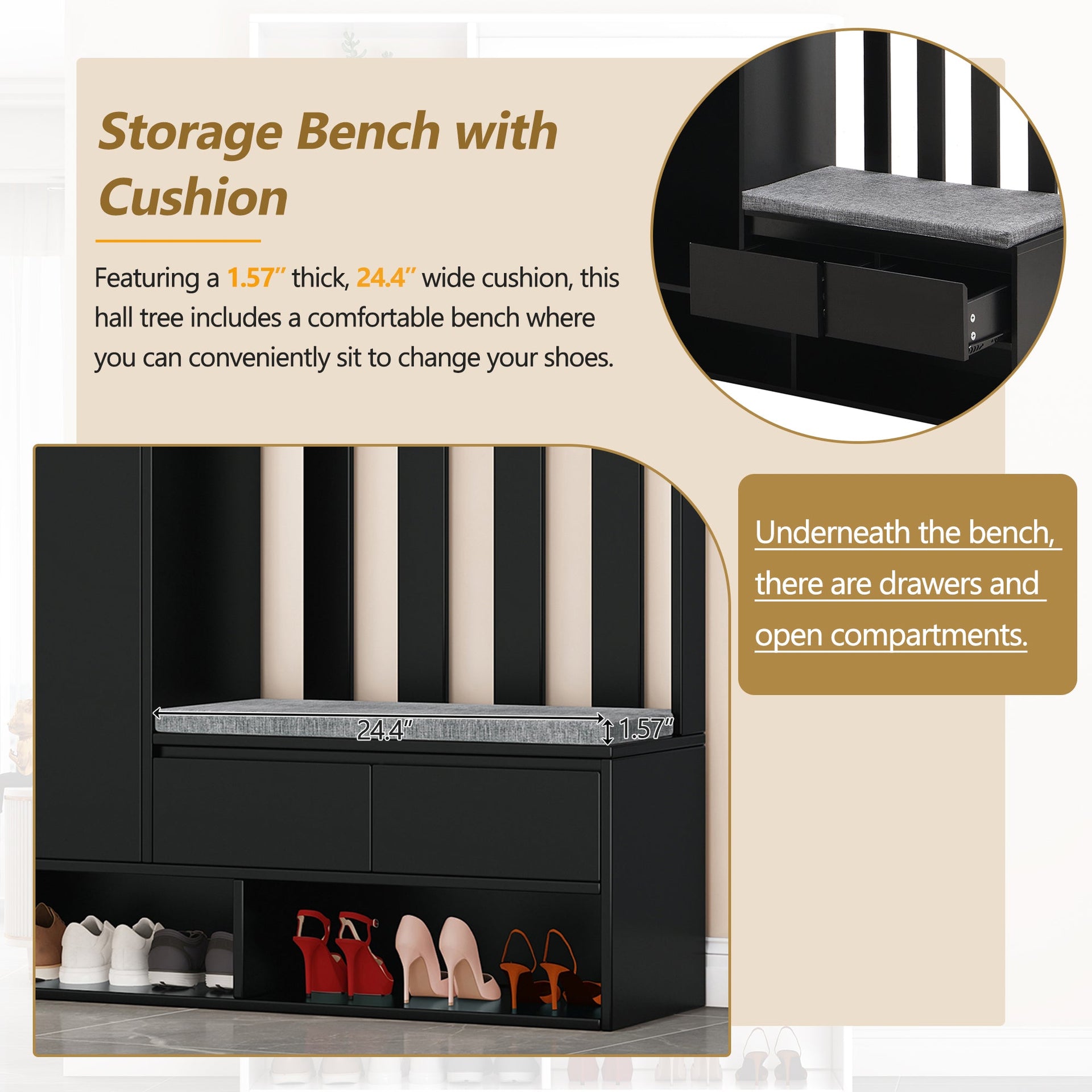 39.3'W70.8'H multifunctional corridor shoe cabinet with soft padded nail board and black hanger with entrance hook