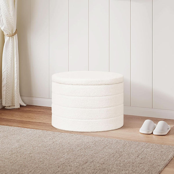 Rounded White Luxurious Boucle Storage Ottoman Lid