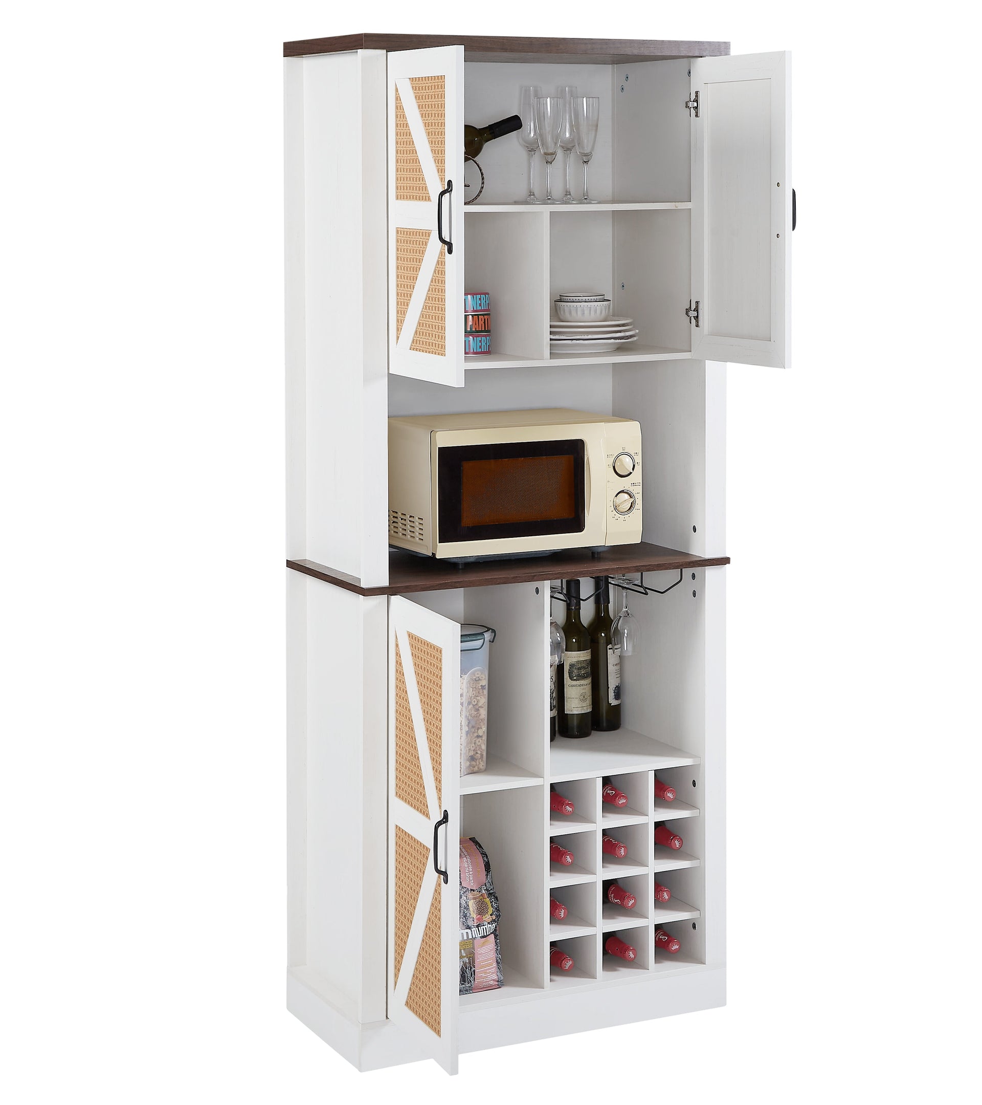 76 Inch Tall Farmhouse Kitchen Faux Rattan Wine Cabinet, Kitchen Bar Cabinet with Square Compartments and Shelves