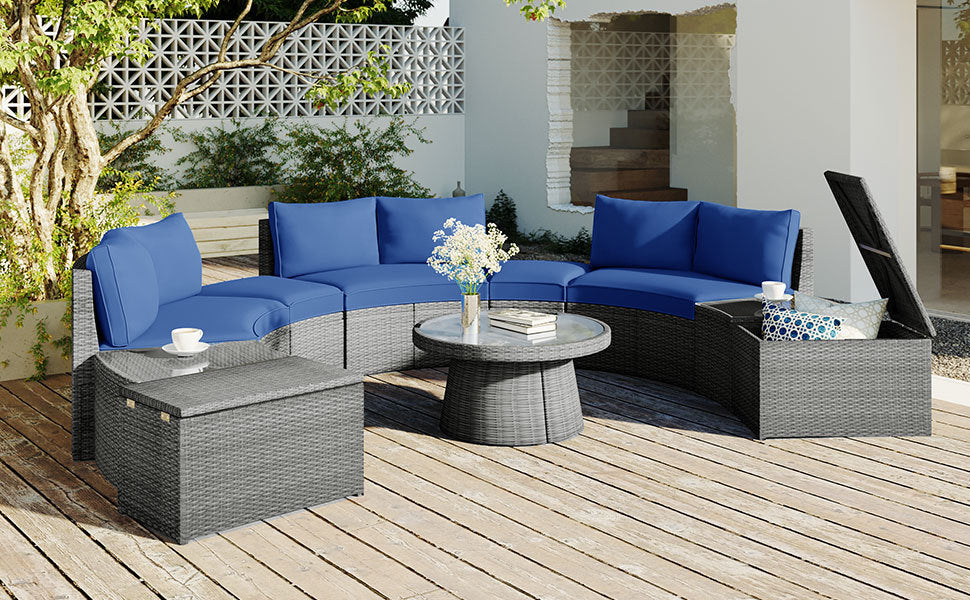 10-Piece Outdoor Sectional Half Round Patio Rattan Sofa Set, PE Wicker Conversation Furniture Set for Free Combination, Blue