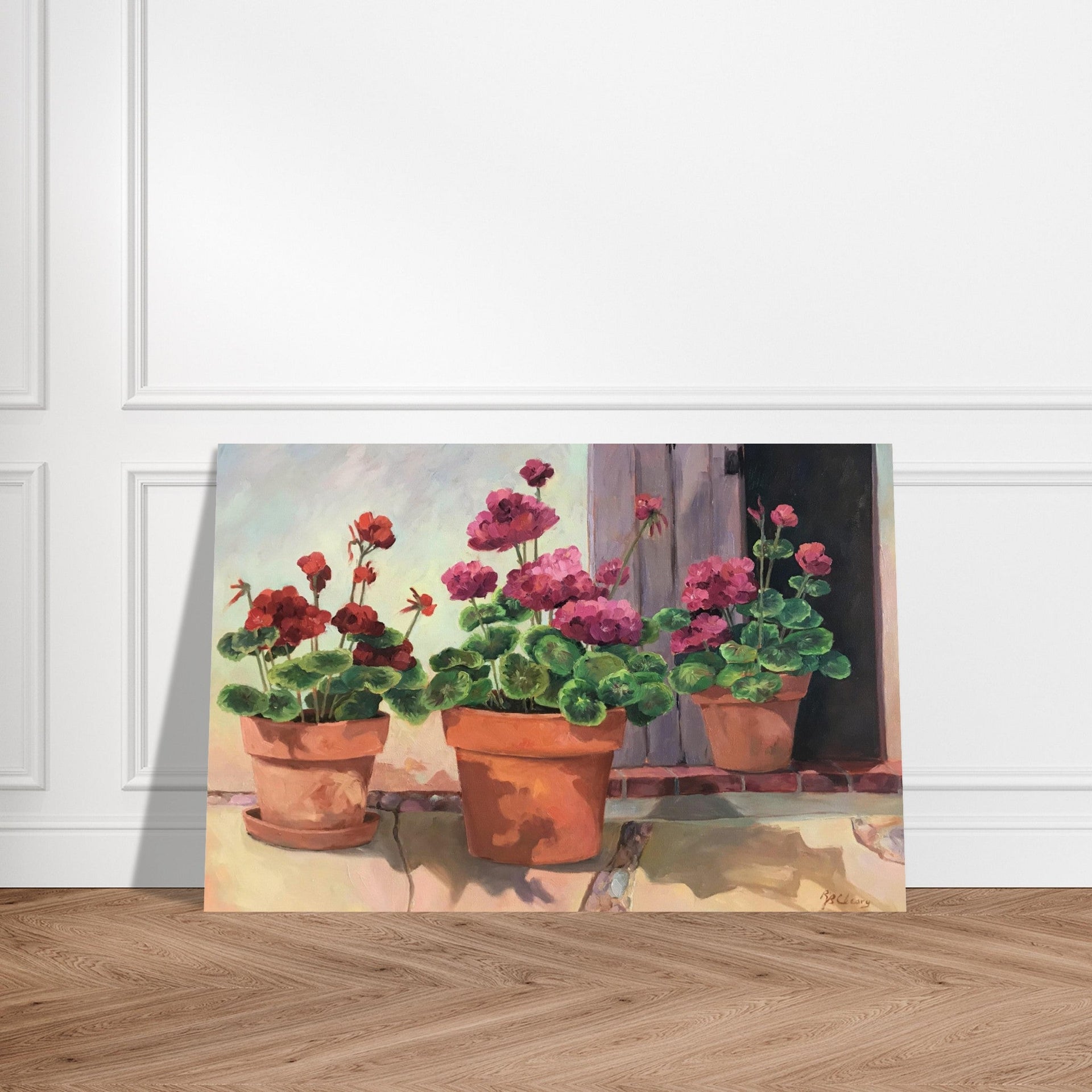 'Potted Red Geraniums Series 2' Floral I 16x24 Museum-Quality Matte Paper Poster I Original Artwork by American Artist Barbara Cleary