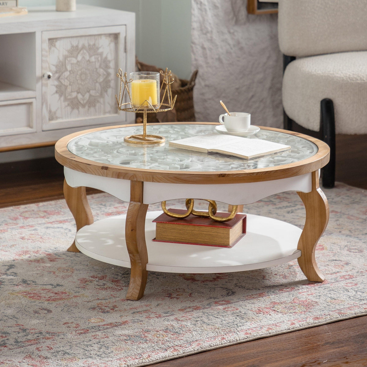 Farmhouse Round Glass Coffee Table with Open Storage Shelf & Antique White Finish