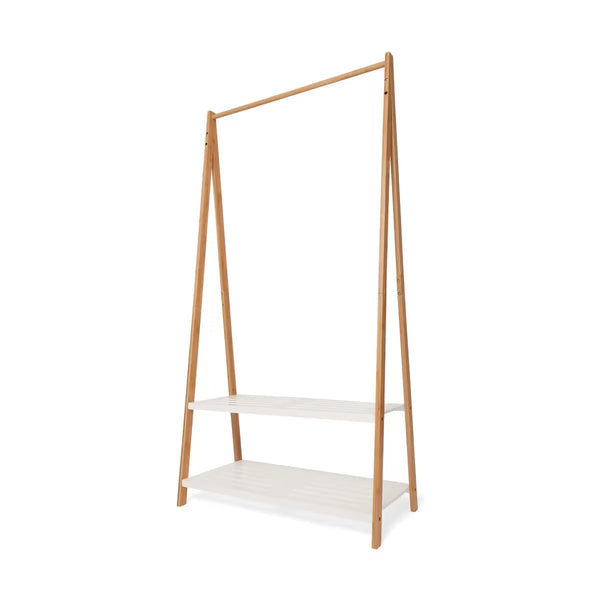 Bamboo Garment Rack with White Shelves