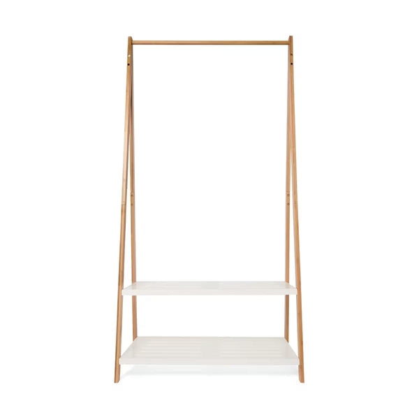 Bamboo Garment Rack with White Shelves