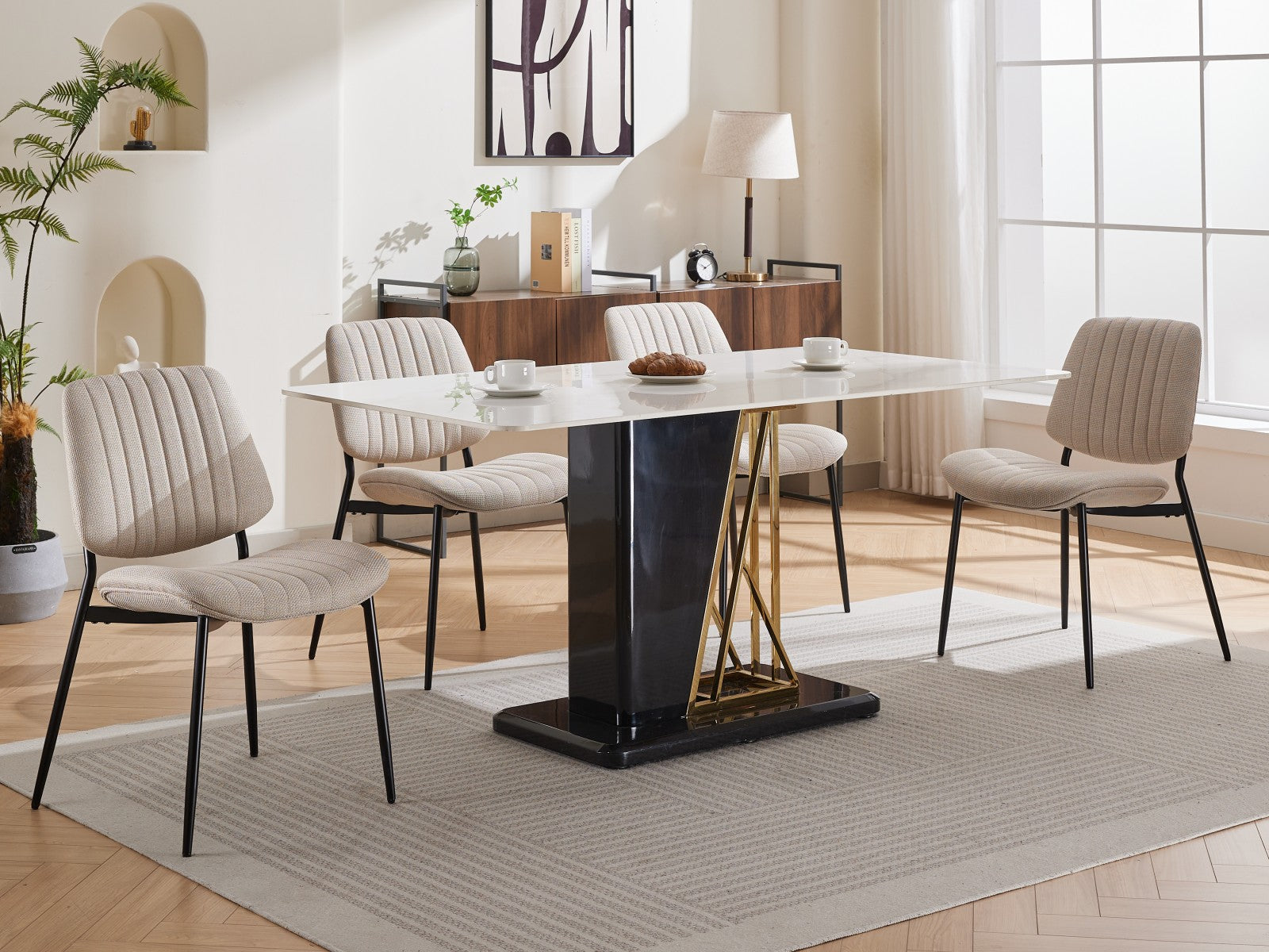 2-piece retro linen chair set with curved wooden backrest, cushioned seat, adjustable metal legs, (Beige Linen)