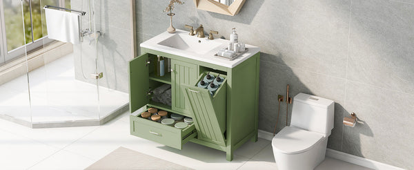 36 inch bathroom vanity with sink, one double door cabinet one large drawer and one flip drawer solid wood and MDF board, green