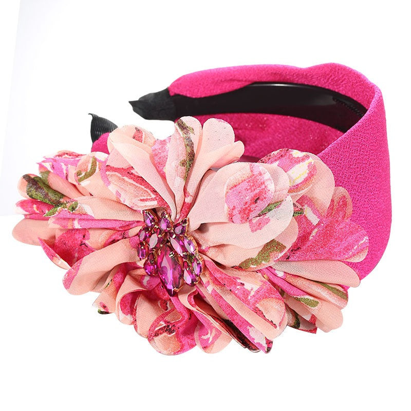 Handmade diamond inlaid fabric flower with teeth and anti slip exaggerated headband for women