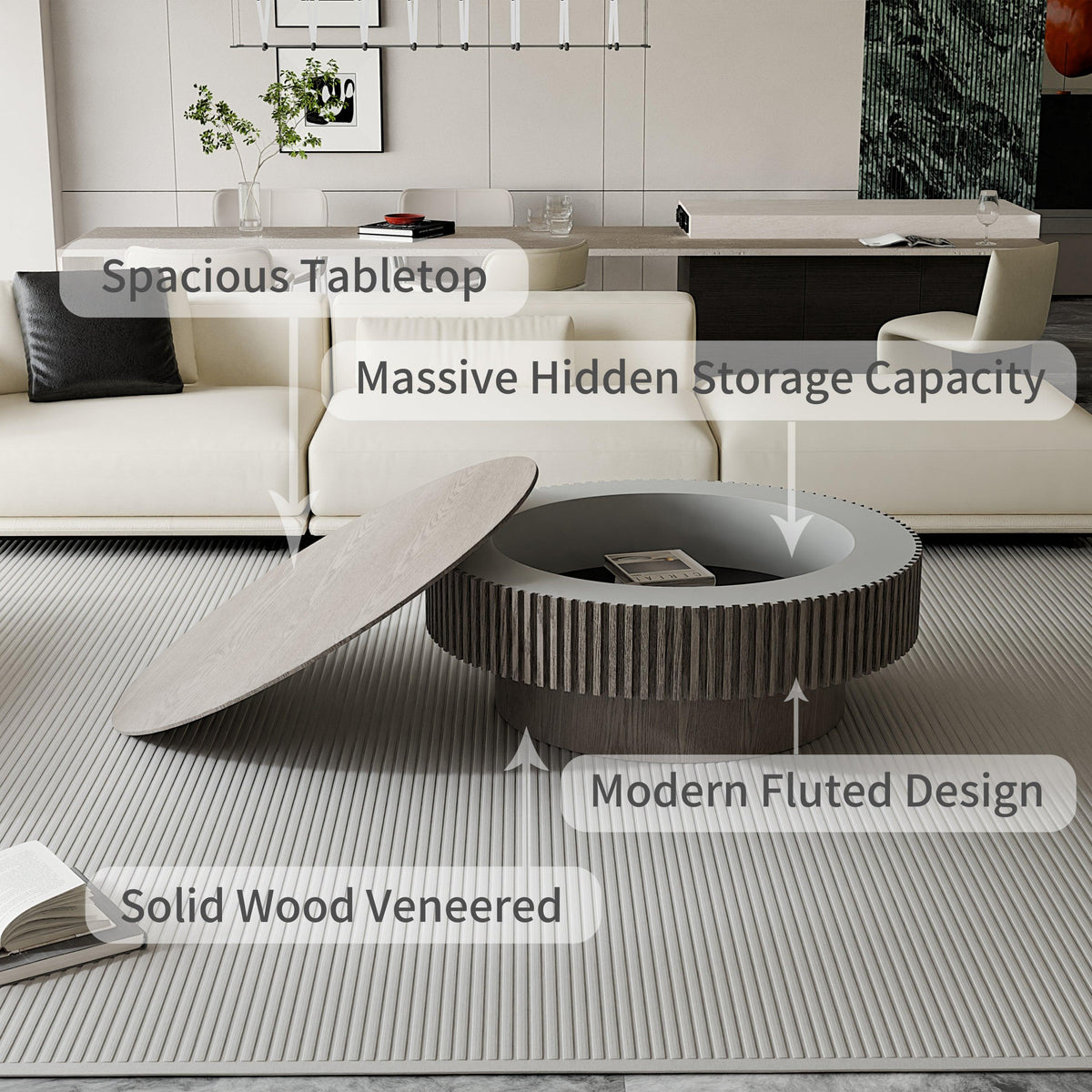 Modern Gray Round Mushroom Coffee Table with Hidden Storage