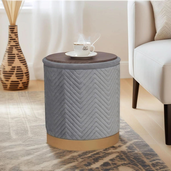 Grey Velvet Circular Storage Ottoman Golden Accents