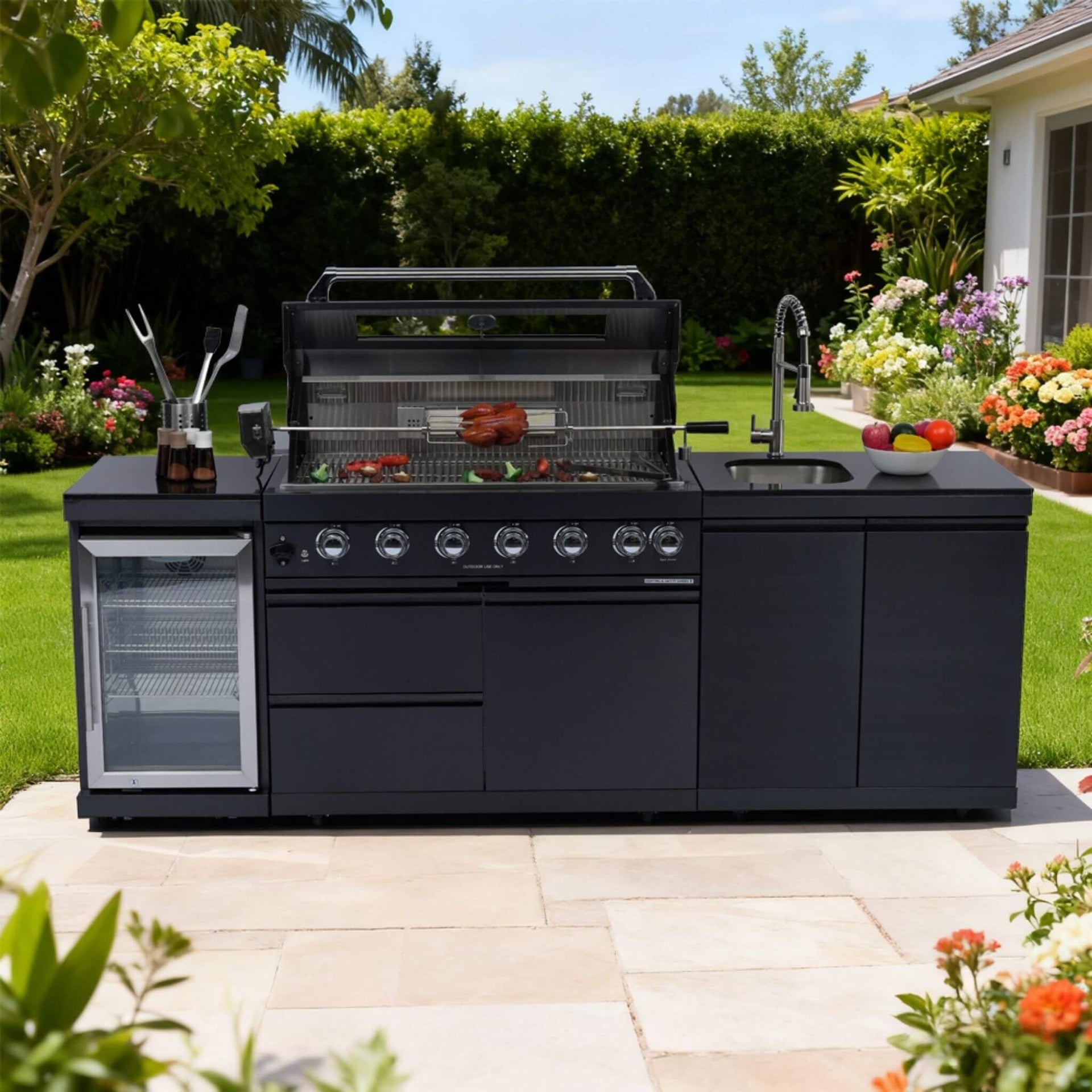 Belmont 43-Inch 6-Burner 85K BTU Stainless Steel Outdoor BBQ Kitchen Grill Island With Wine Cooler, Rotisserie, And Sink (SAK19476)