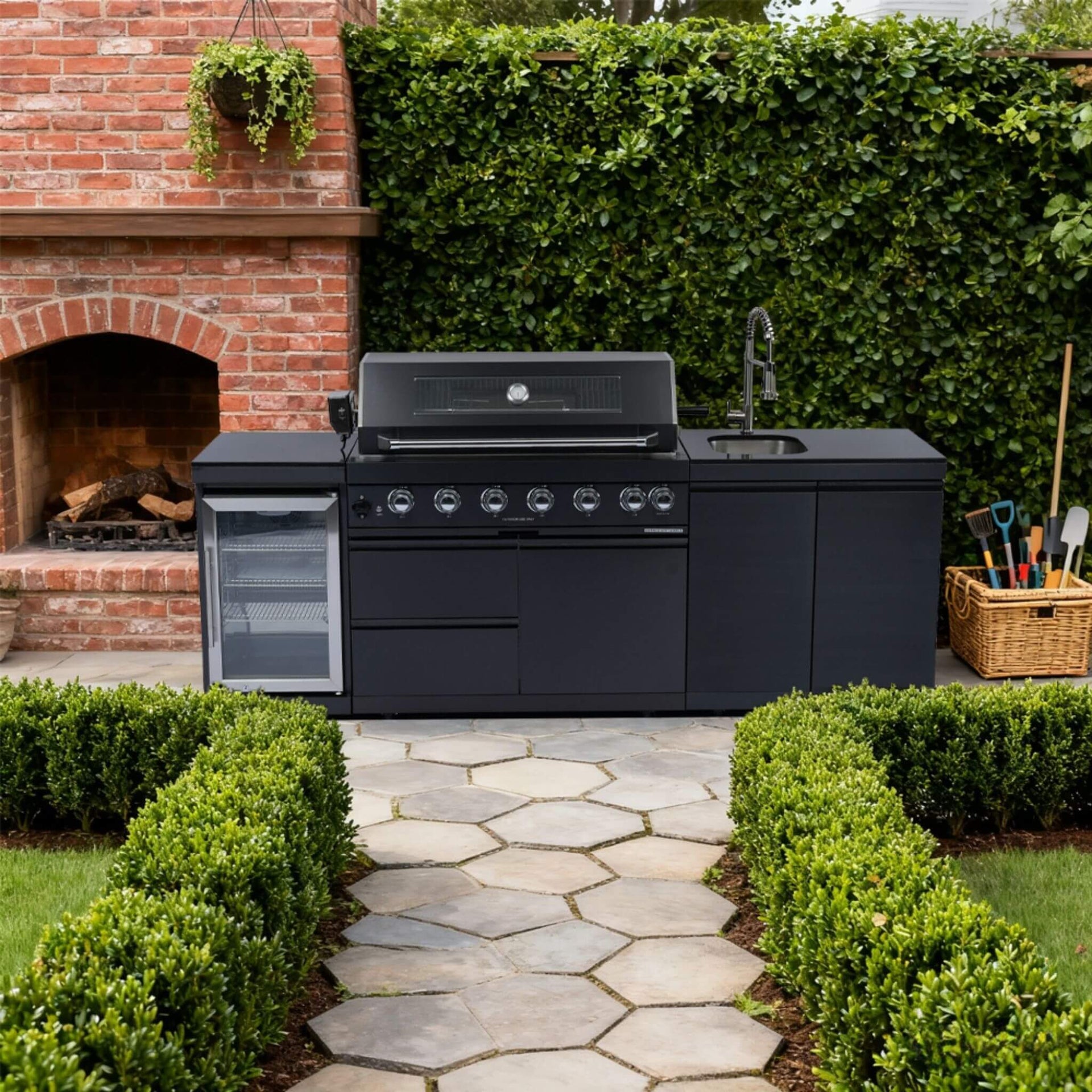 Belmont 43-Inch 6-Burner 85K BTU Stainless Steel Outdoor BBQ Kitchen Grill Island With Wine Cooler, Rotisserie, And Sink (SAK19476)