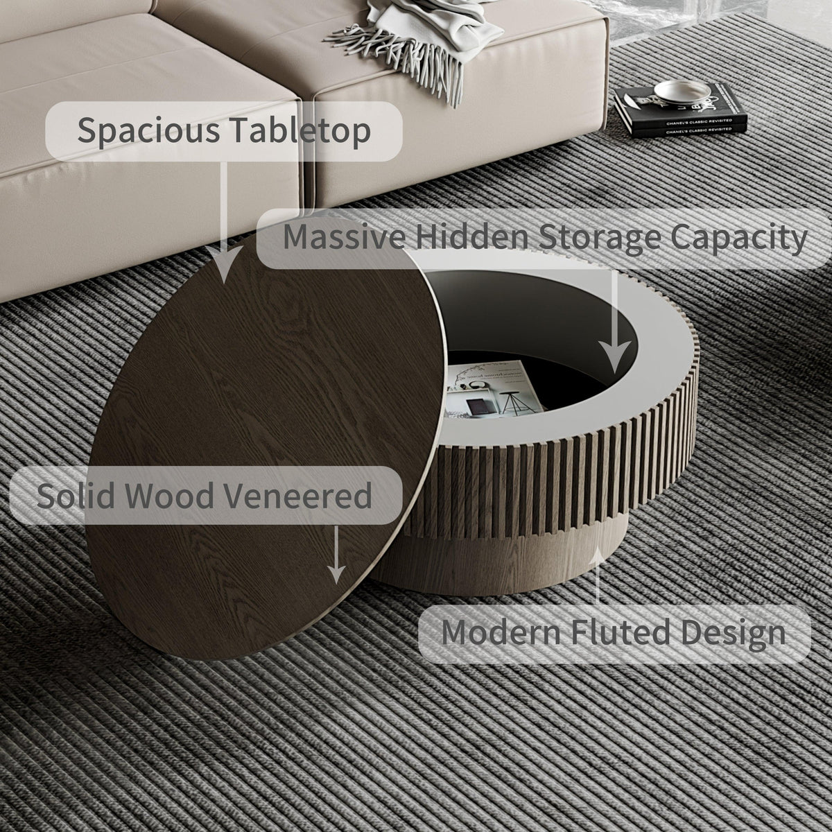 Modern Gray Round Mushroom Coffee Table with Hidden Storage