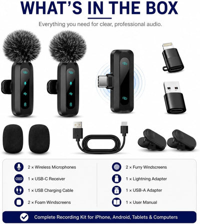 Wireless Lavalier Microphone Kit - Dual Clip-On Mics with USB-C Receiver