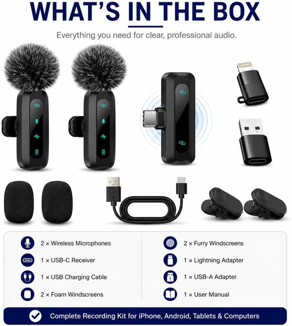 Wireless Lavalier Microphone Kit - Dual Clip-On Mics with USB-C Receiver