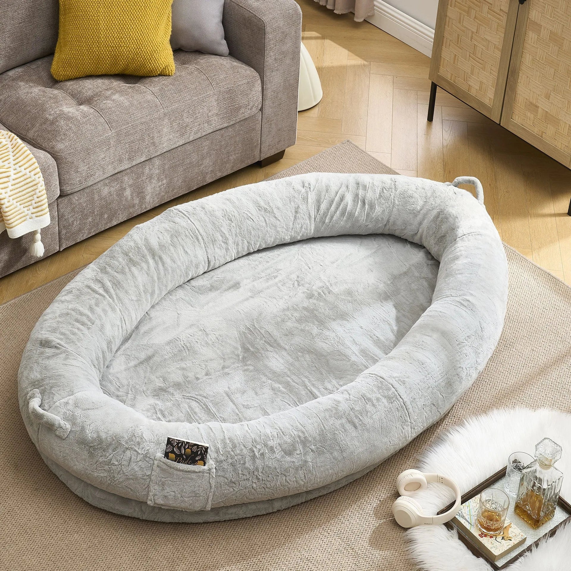 🇫🇷🇪🇪 🇸🇭🇮🇵🇵🇮🇳🇬 Human Dog Bed for Adult, Memory Foam Human Size Pet Bed for Human With Storage Pocket, Light Gray