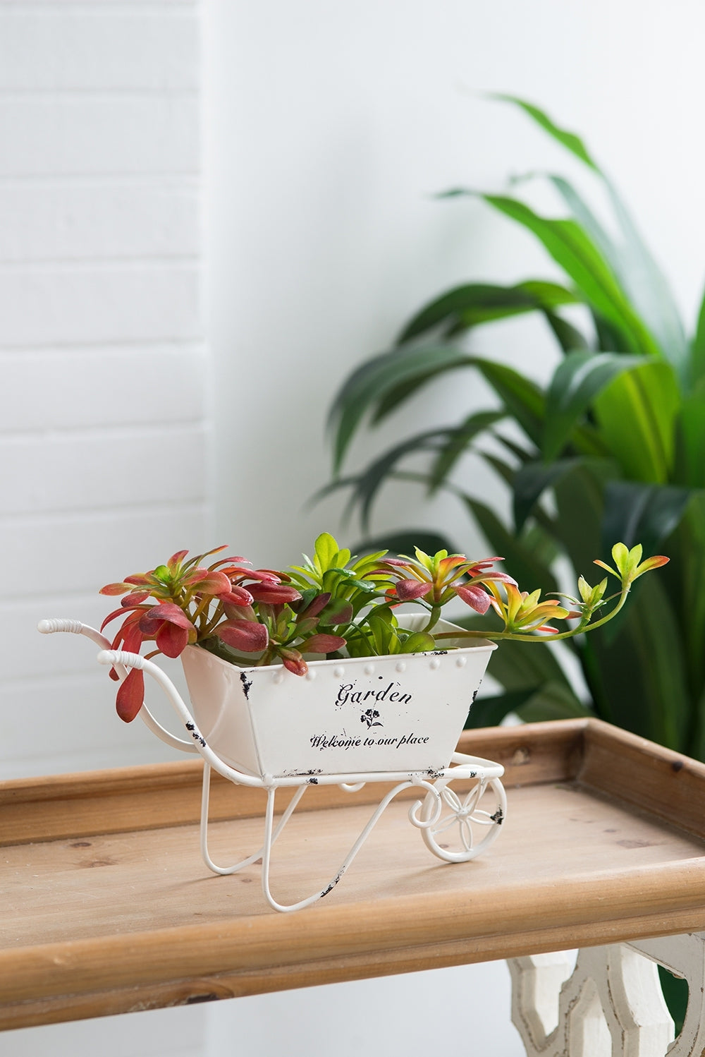 11.5x4x7' White Metal Decorative Disressed Wheelbarrow Planter, Tabletop Decor