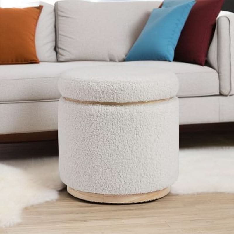 Cream Sherpa Deluxe Storage Ottoman Solidwood Base