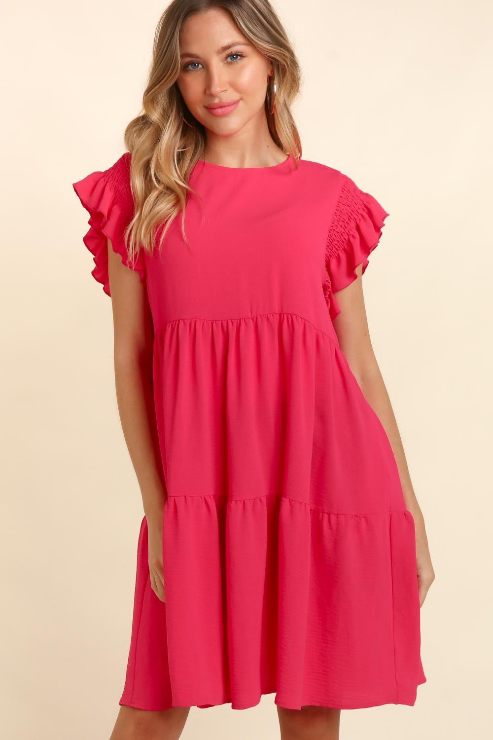 Full Size Smocking Ruffle Short Sleeve Dress with Pockets For Women – Flattering Smocked Dress, Ruffle Short Sleeve Dress, Practical Pocketed Dress, Chic Ruffle Dress, Smocked Waist Dress, Stylish Short Sleeve Dress