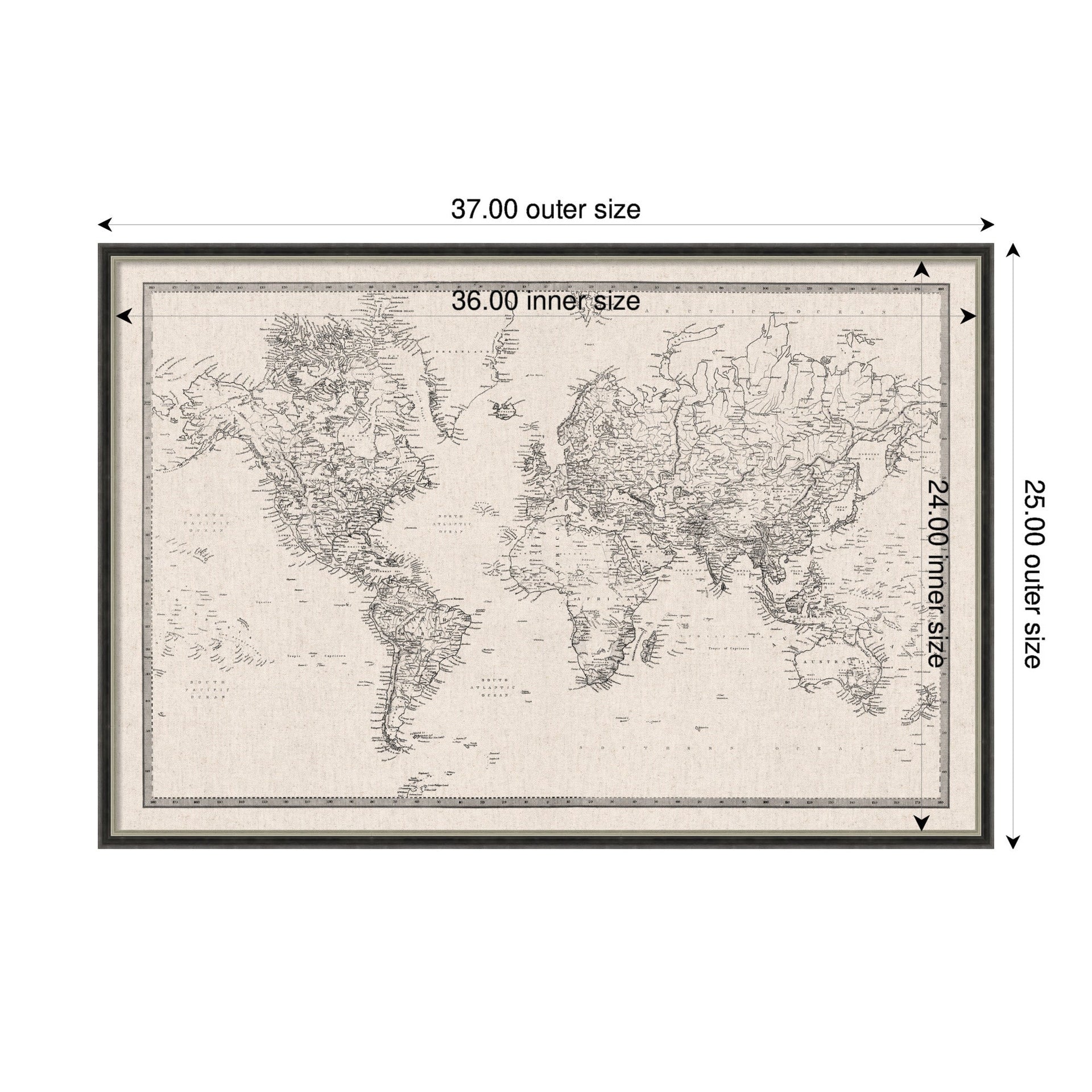 Framed Fabric Pinboard Vintage Black and White Linen World Map Wall Organization