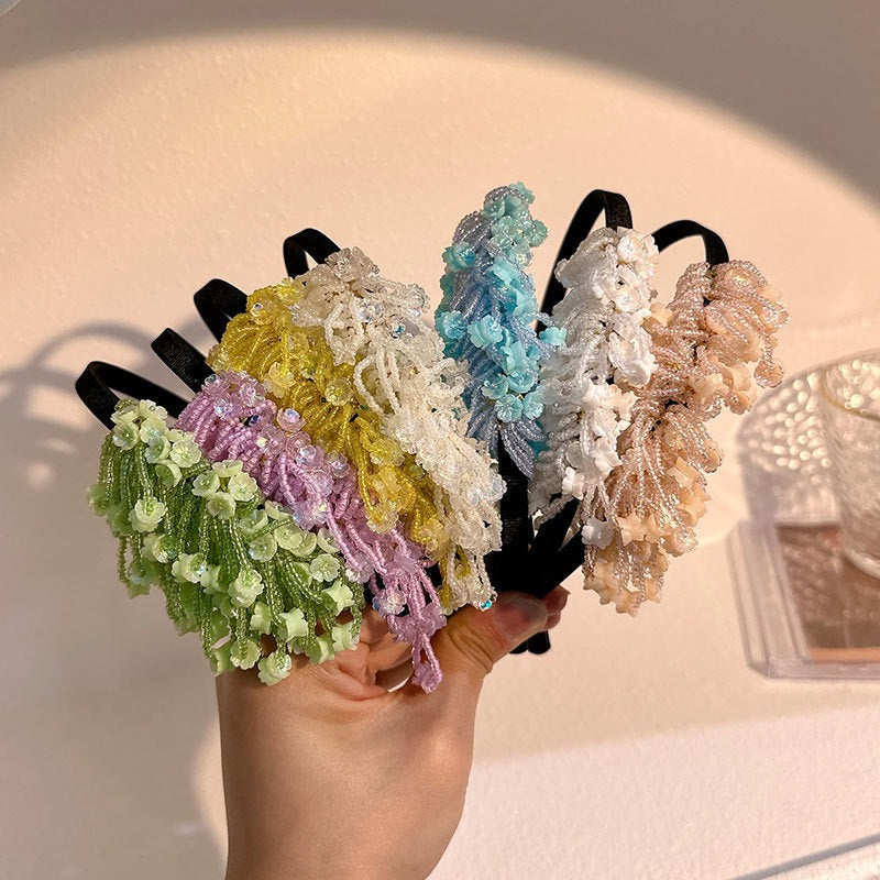 Handmade rice bead tassel flower side hair hoop for women