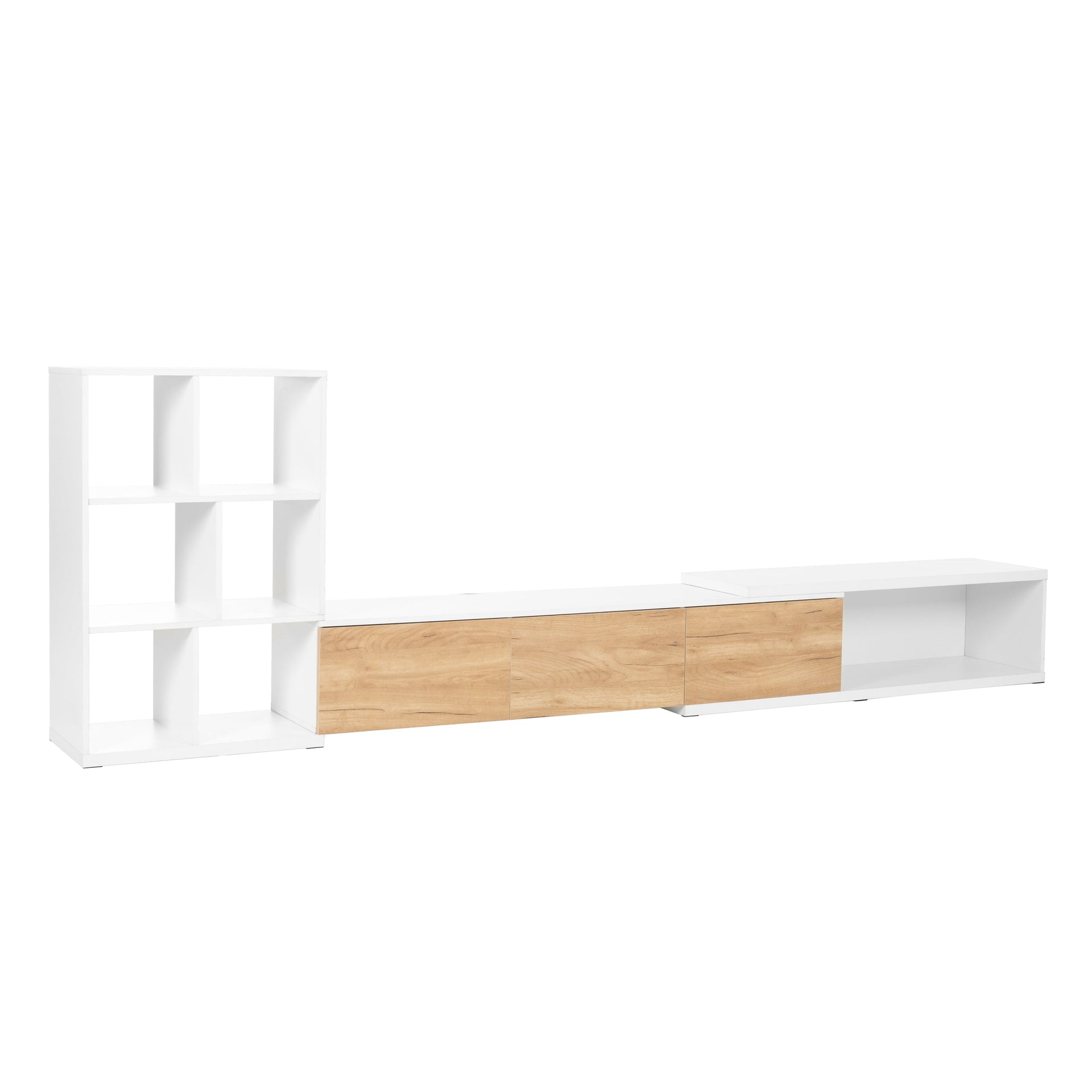 Side angle of fully extended Extendable TV Stand with 3 Tier Bookshelves, ideal for spacious living rooms and modern decor.